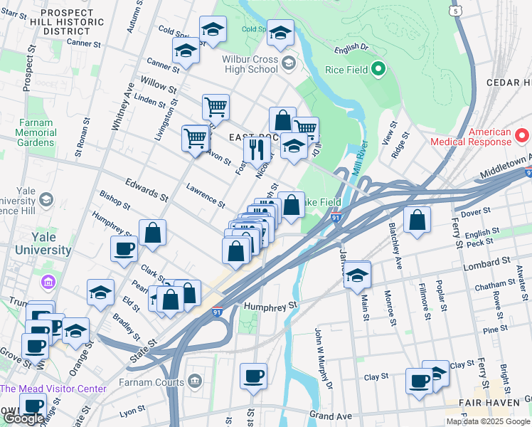 map of restaurants, bars, coffee shops, grocery stores, and more near 55 Nash Street in New Haven