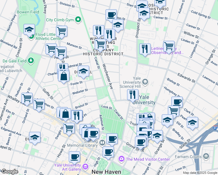 map of restaurants, bars, coffee shops, grocery stores, and more near 63 Winchester Avenue in New Haven
