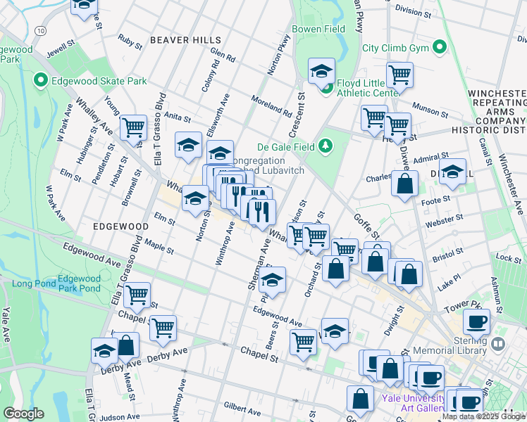 map of restaurants, bars, coffee shops, grocery stores, and more near 323 Whalley Avenue in New Haven