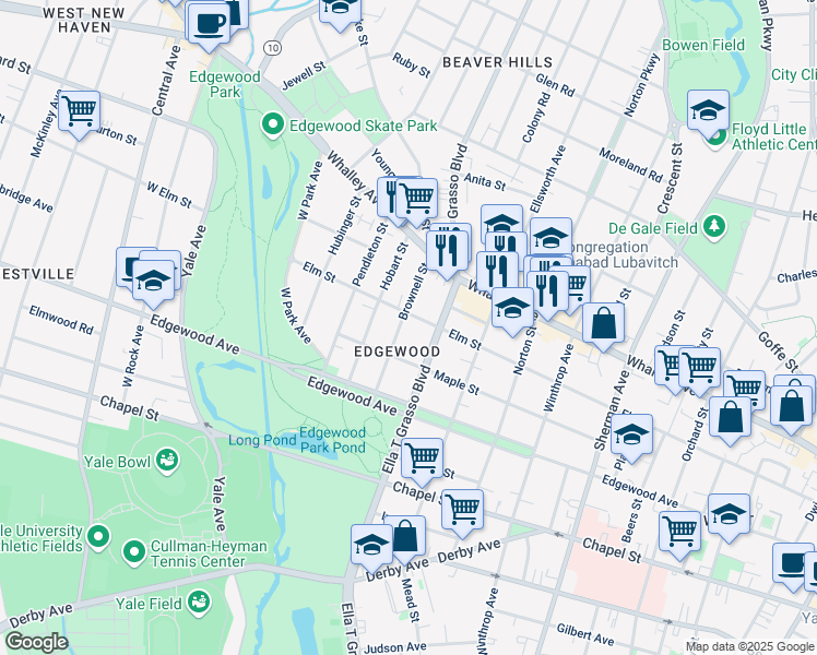 map of restaurants, bars, coffee shops, grocery stores, and more near 61 Brownell Street in New Haven