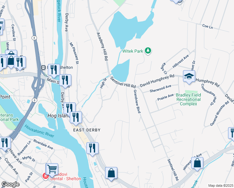 map of restaurants, bars, coffee shops, grocery stores, and more near 37 McLaughlin Terrace in Derby