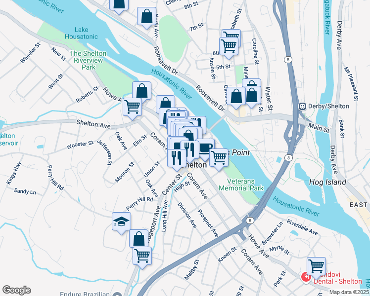 map of restaurants, bars, coffee shops, grocery stores, and more near 50 Bridge Street in Shelton