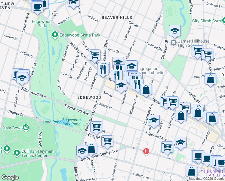 map of restaurants, bars, coffee shops, grocery stores, and more near 234 Ellsworth Avenue in New Haven
