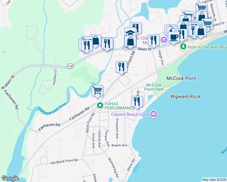 map of restaurants, bars, coffee shops, grocery stores, and more near 70 Black Point Road in East Lyme