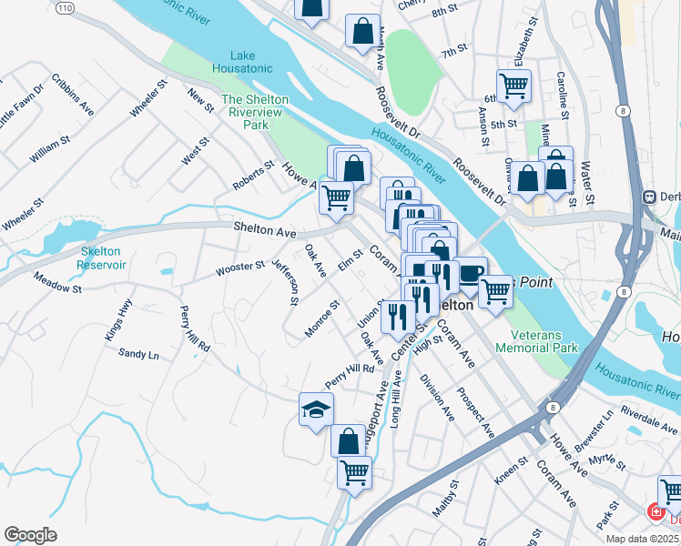 map of restaurants, bars, coffee shops, grocery stores, and more near 36 Elm Street in Shelton