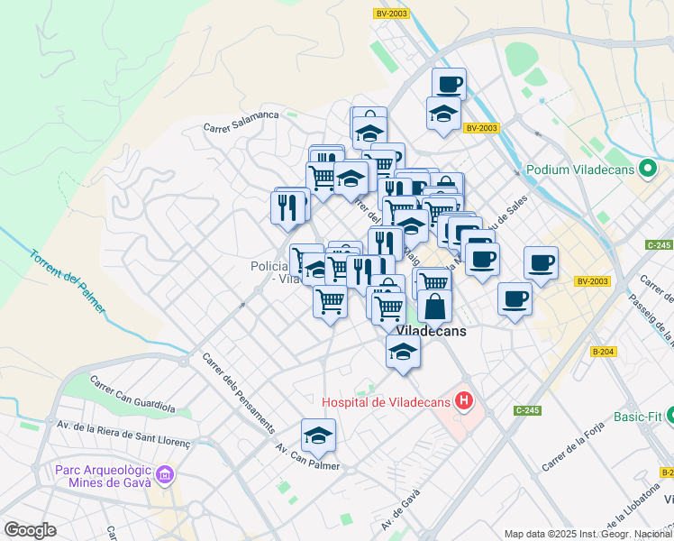 map of restaurants, bars, coffee shops, grocery stores, and more near in Viladecans