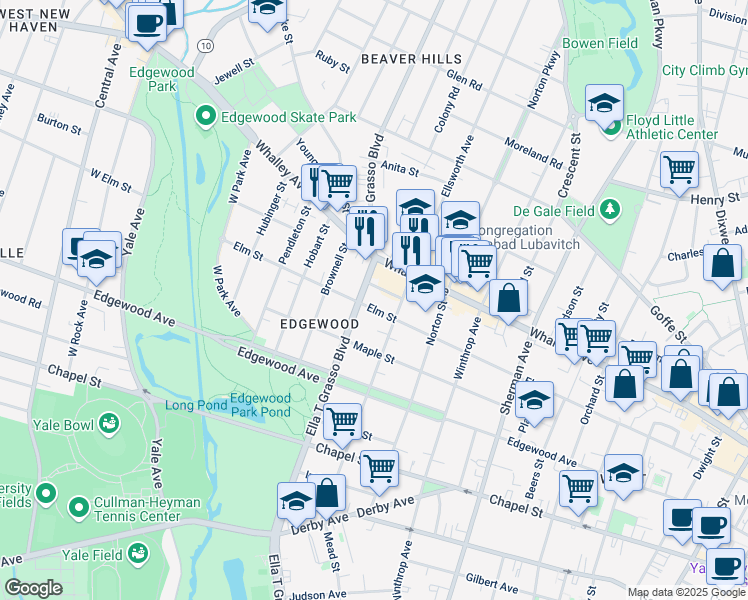 map of restaurants, bars, coffee shops, grocery stores, and more near 831 Elm Street in New Haven