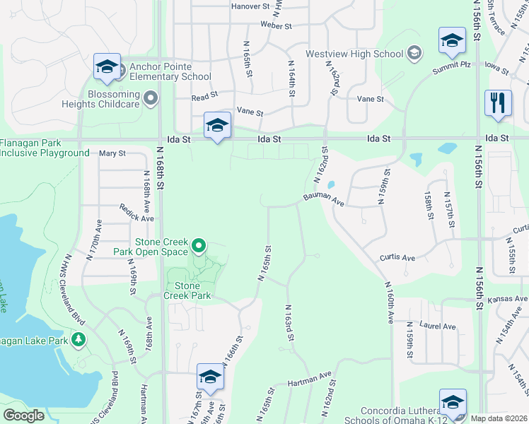 map of restaurants, bars, coffee shops, grocery stores, and more near 6519 North 165th Street in Omaha