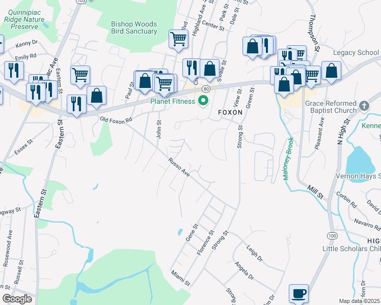 map of restaurants, bars, coffee shops, grocery stores, and more near 173 Russo Avenue in East Haven