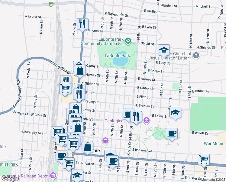 map of restaurants, bars, coffee shops, grocery stores, and more near 664 North 7th Street in Laramie