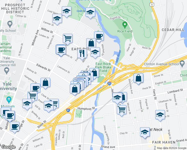 map of restaurants, bars, coffee shops, grocery stores, and more near 49 Mechanic Street in New Haven