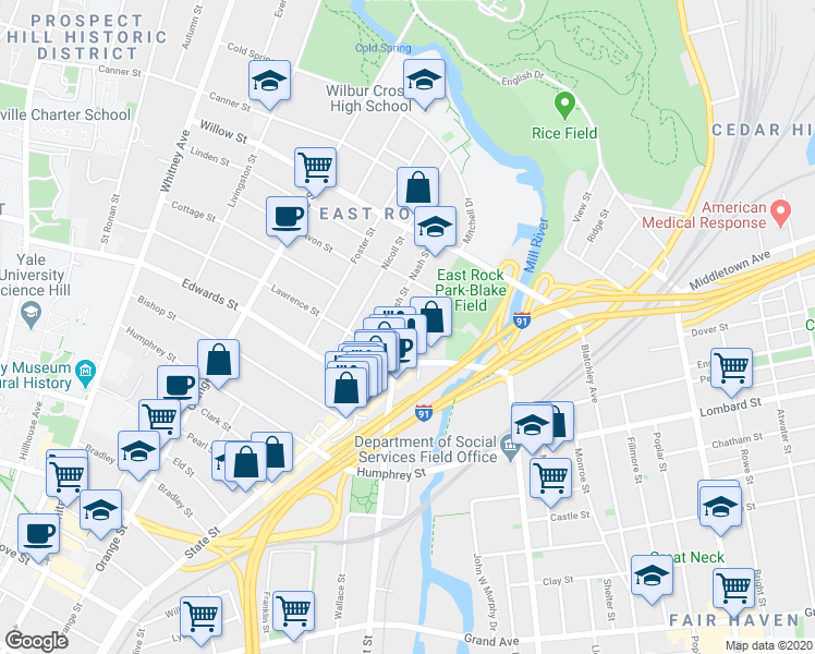 map of restaurants, bars, coffee shops, grocery stores, and more near 55 Nash Street in New Haven