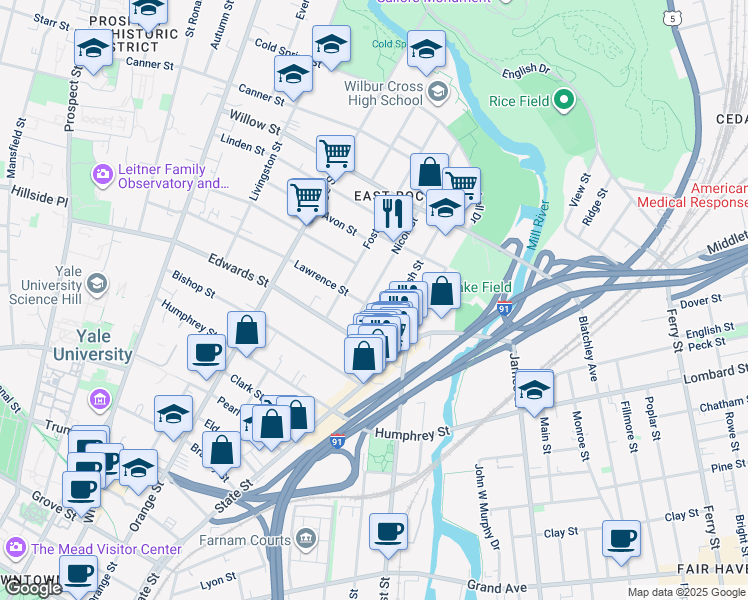 map of restaurants, bars, coffee shops, grocery stores, and more near 63 Lawrence Street in New Haven