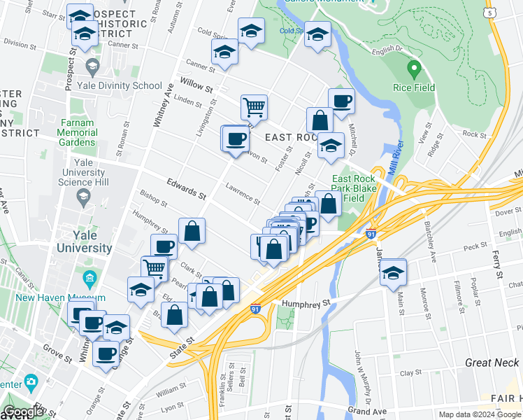 map of restaurants, bars, coffee shops, grocery stores, and more near 19 Foster Street in New Haven