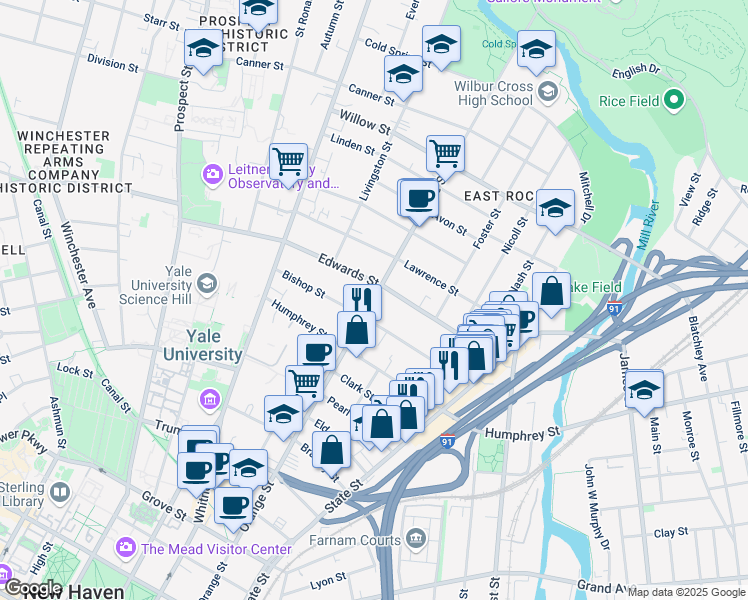 map of restaurants, bars, coffee shops, grocery stores, and more near 633 Orange Street in New Haven