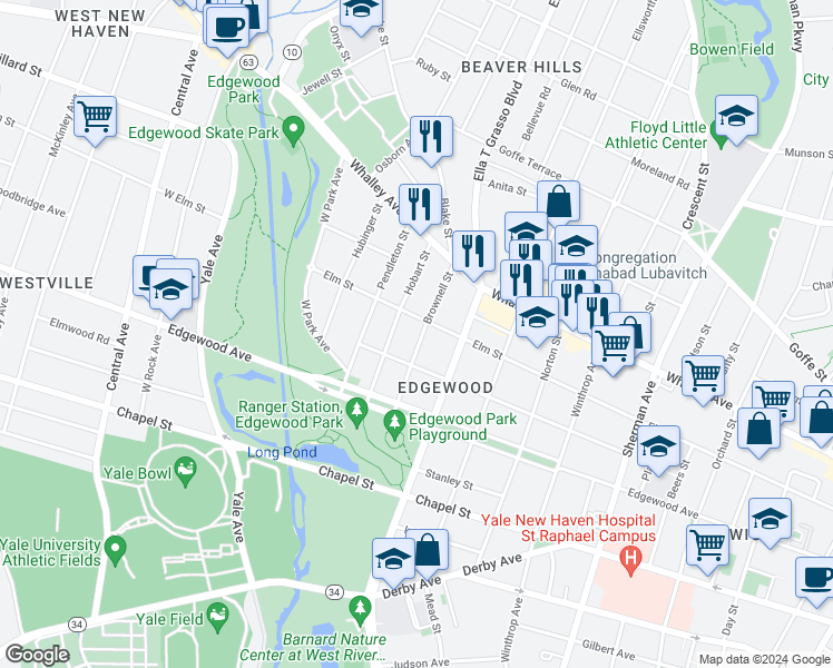 map of restaurants, bars, coffee shops, grocery stores, and more near 61 Brownell Street in New Haven