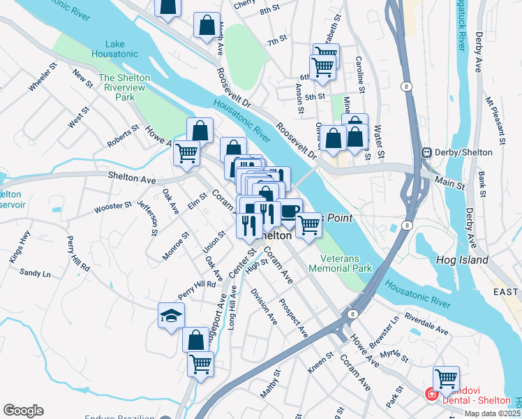 map of restaurants, bars, coffee shops, grocery stores, and more near 50 Bridge Street in Shelton