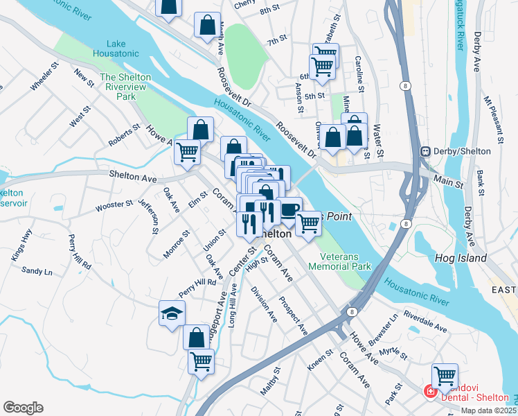 map of restaurants, bars, coffee shops, grocery stores, and more near 50 Bridge Street in Shelton