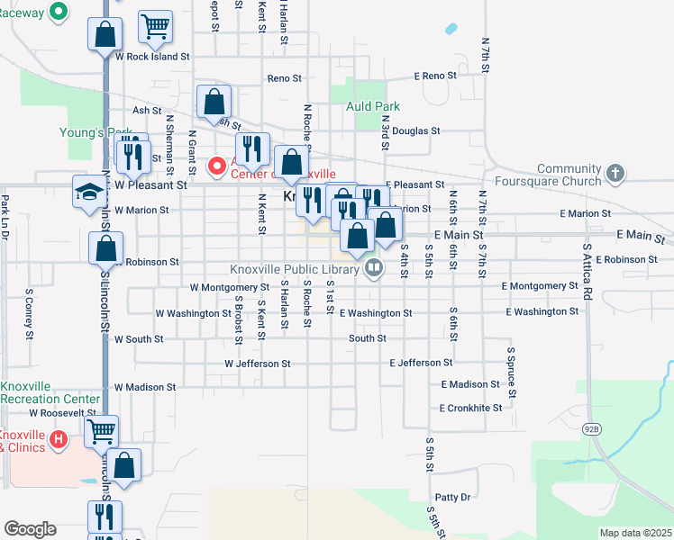 map of restaurants, bars, coffee shops, grocery stores, and more near 210 South 1st Street in Knoxville