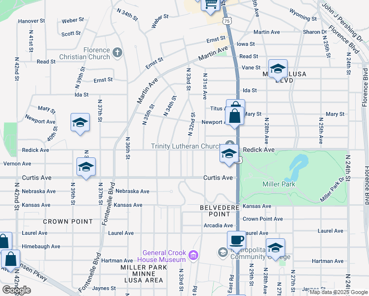 map of restaurants, bars, coffee shops, grocery stores, and more near 6353 North 33rd Street in Omaha