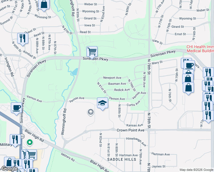 map of restaurants, bars, coffee shops, grocery stores, and more near 8058 Redick Avenue in Omaha