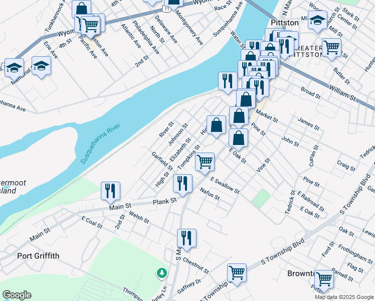 map of restaurants, bars, coffee shops, grocery stores, and more near High St in Pittston