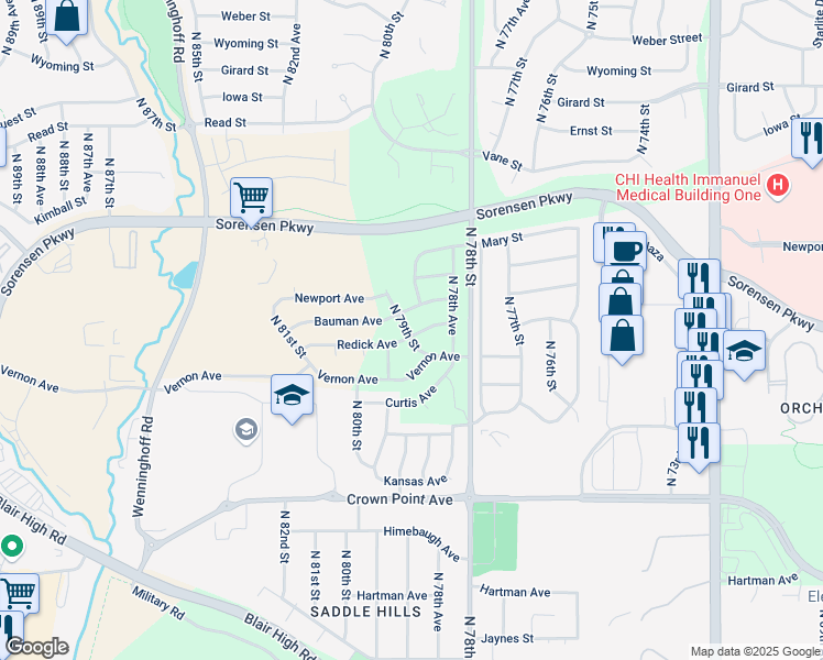map of restaurants, bars, coffee shops, grocery stores, and more near 7859 Redick Avenue in Omaha