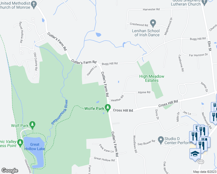 map of restaurants, bars, coffee shops, grocery stores, and more near 314 Cutler's Farm Road in Monroe