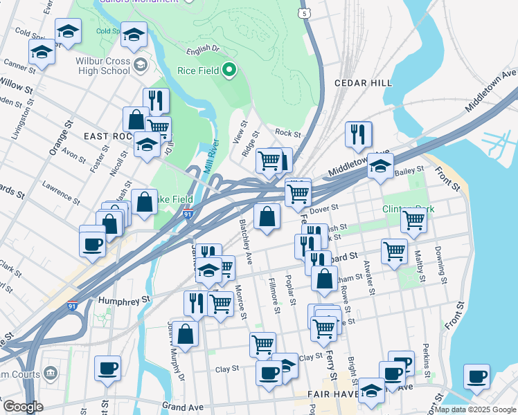 map of restaurants, bars, coffee shops, grocery stores, and more near 1247 State Street in New Haven