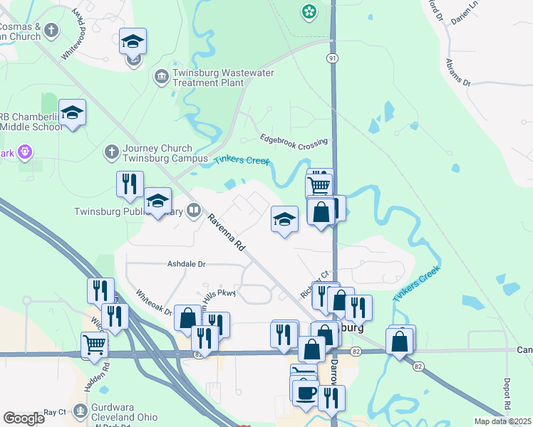 map of restaurants, bars, coffee shops, grocery stores, and more near 2638 Arbor Glen Drive in Twinsburg