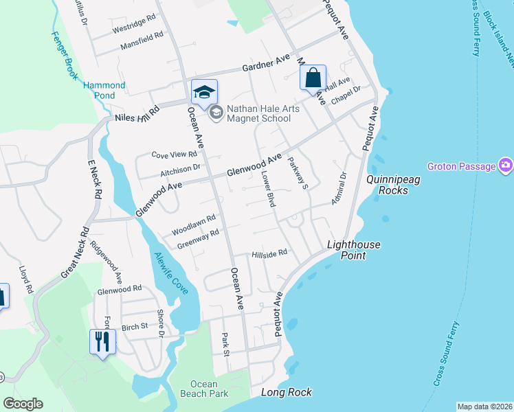 map of restaurants, bars, coffee shops, grocery stores, and more near 20 Washburn Road in New London