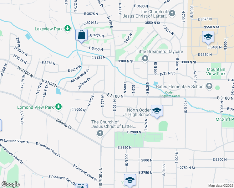 map of restaurants, bars, coffee shops, grocery stores, and more near 454 E 3100 N in North Ogden