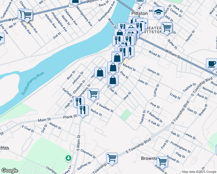 map of restaurants, bars, coffee shops, grocery stores, and more near 12 E Oak St in Pittston