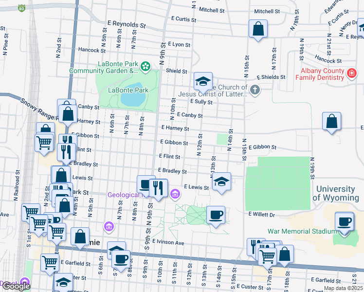 map of restaurants, bars, coffee shops, grocery stores, and more near 601-699 North 11th Street in Laramie