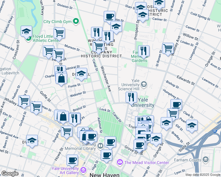 map of restaurants, bars, coffee shops, grocery stores, and more near 79 Winchester Avenue in New Haven