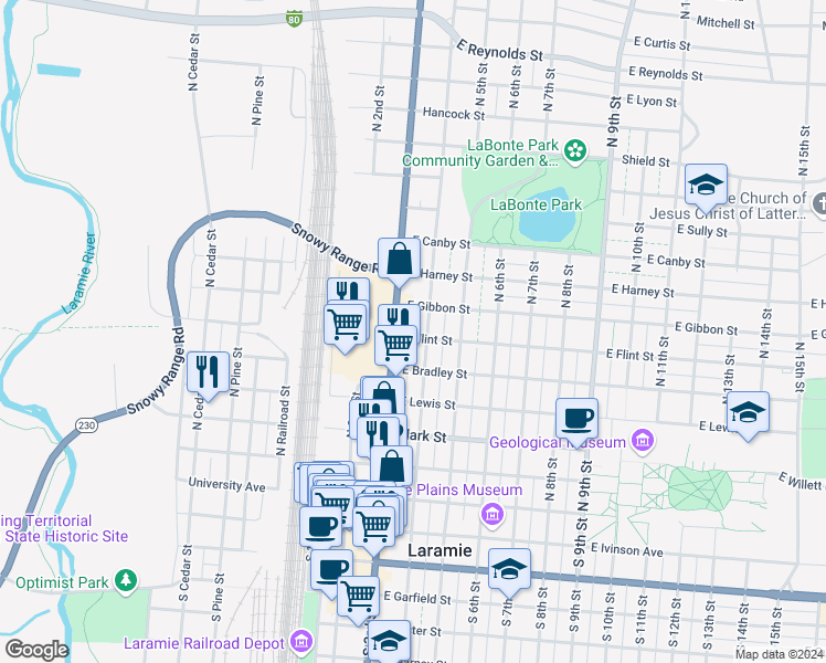 map of restaurants, bars, coffee shops, grocery stores, and more near 315 East Flint Street in Laramie