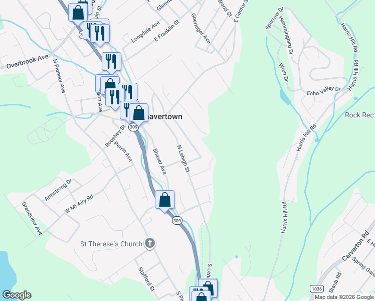 map of restaurants, bars, coffee shops, grocery stores, and more near 57-61 North Lehigh Street in Luzerne