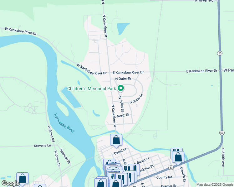 map of restaurants, bars, coffee shops, grocery stores, and more near 1107 North Kankakee Street in Wilmington