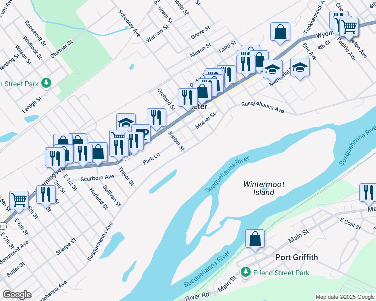 map of restaurants, bars, coffee shops, grocery stores, and more near 1581-1599 Susquehanna Avenue in Exeter