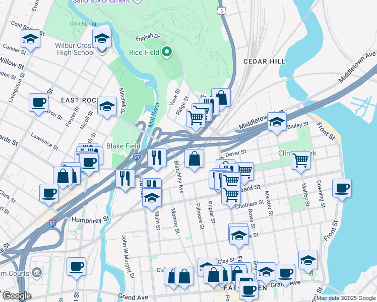 map of restaurants, bars, coffee shops, grocery stores, and more near 1247 State Street in New Haven