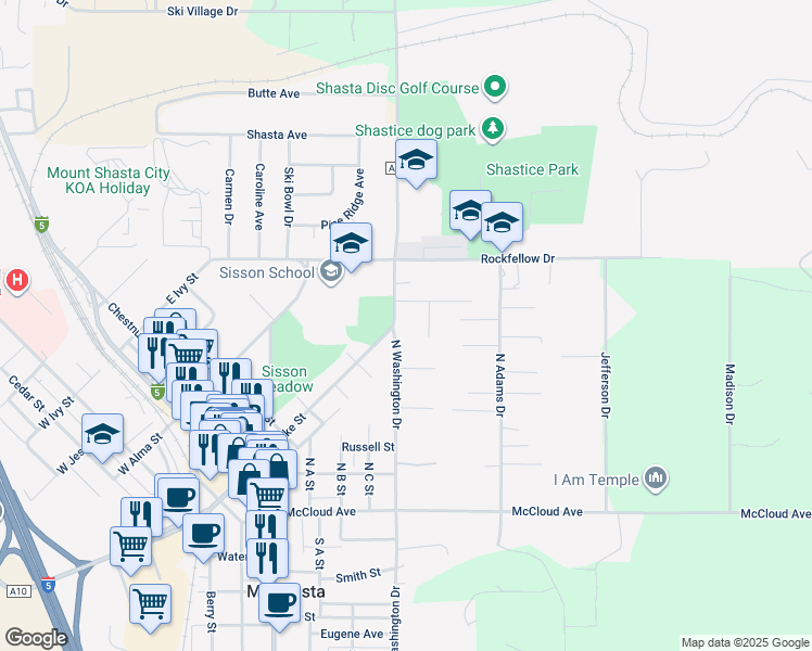 map of restaurants, bars, coffee shops, grocery stores, and more near 509 Sarah Bell Street in Mount Shasta