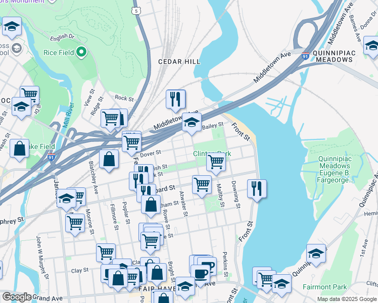 map of restaurants, bars, coffee shops, grocery stores, and more near 262 Clinton Avenue in New Haven