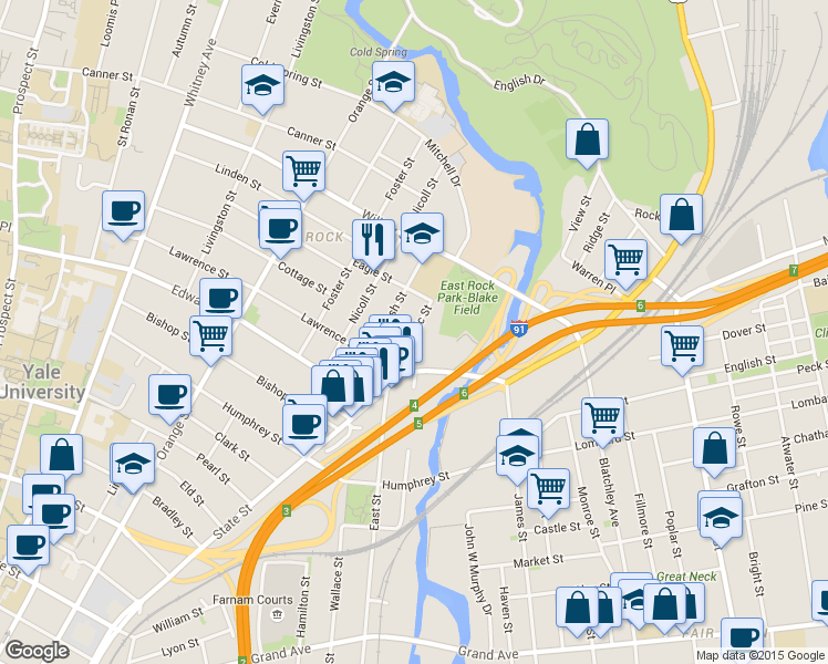 map of restaurants, bars, coffee shops, grocery stores, and more near 49 Mechanic Street in New Haven