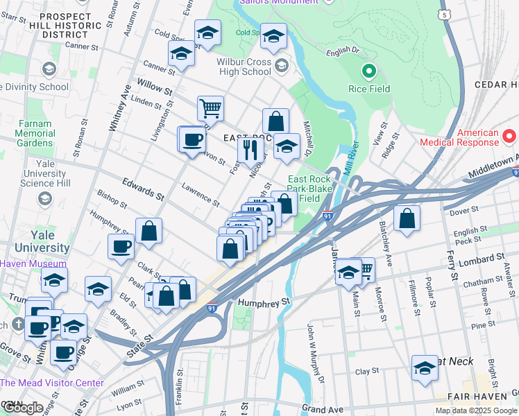 map of restaurants, bars, coffee shops, grocery stores, and more near 55 Nash Street in New Haven