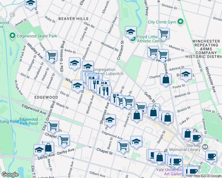 map of restaurants, bars, coffee shops, grocery stores, and more near 324 Sherman Avenue in New Haven
