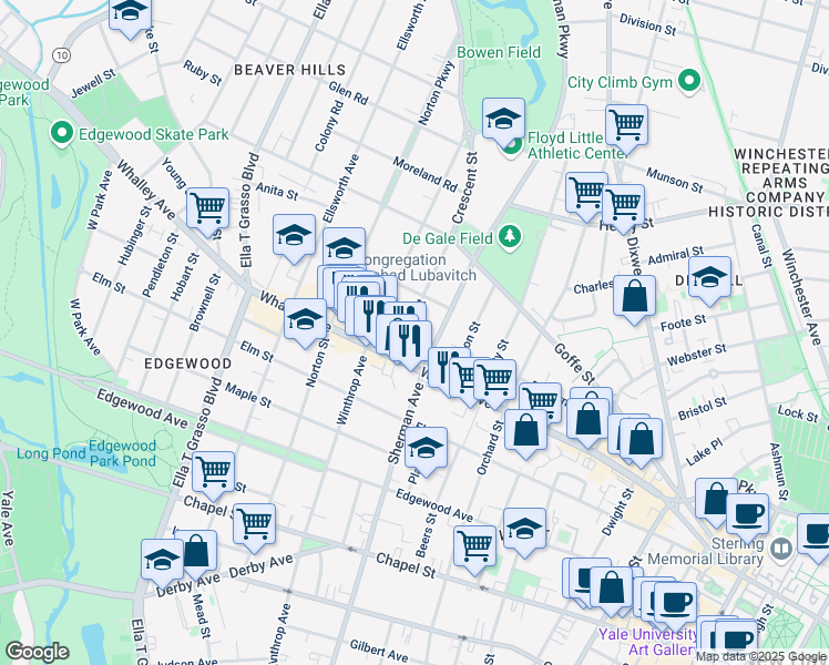 map of restaurants, bars, coffee shops, grocery stores, and more near 324 Sherman Avenue in New Haven