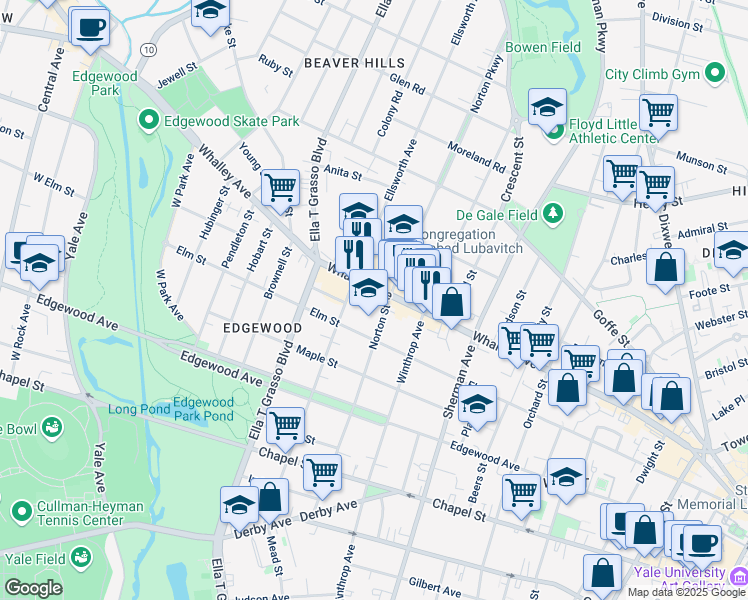 map of restaurants, bars, coffee shops, grocery stores, and more near in New Haven