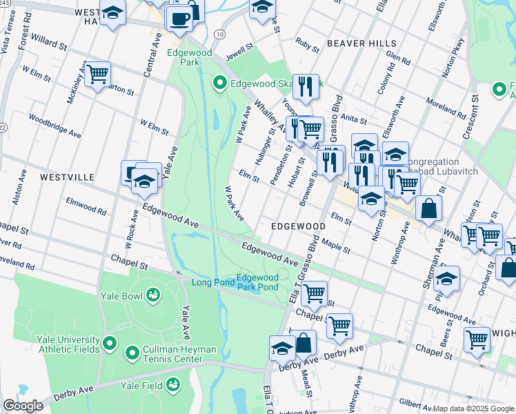 map of restaurants, bars, coffee shops, grocery stores, and more near 28 Pendleton Street in New Haven