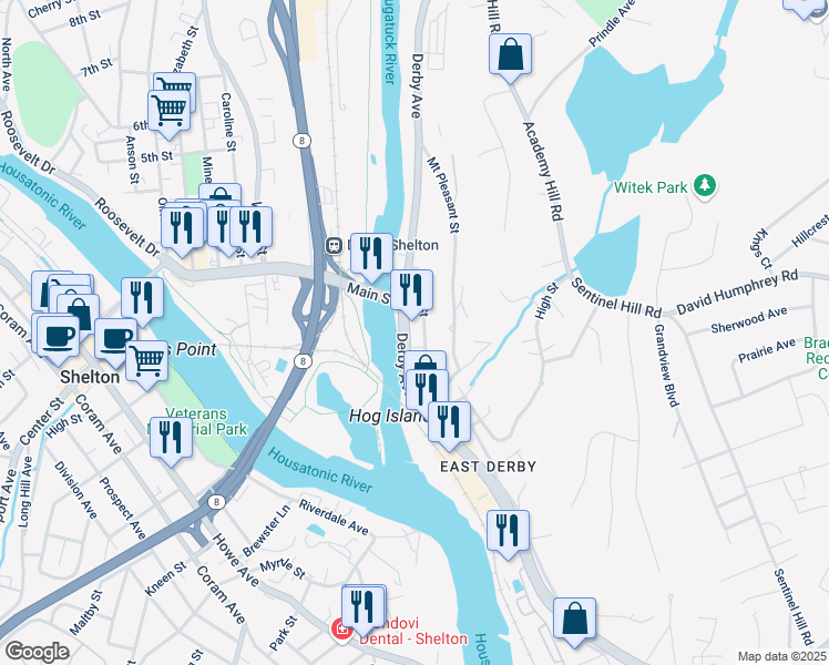 map of restaurants, bars, coffee shops, grocery stores, and more near 57 Bank Street in Derby