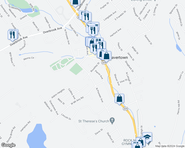 map of restaurants, bars, coffee shops, grocery stores, and more near 99 North Pioneer Avenue in Shavertown